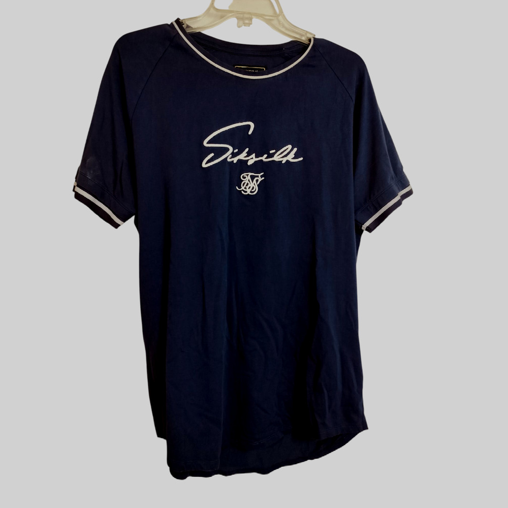 M609) Siksilk Navy Blue White Trim Short Sleeve Tee Size Large
